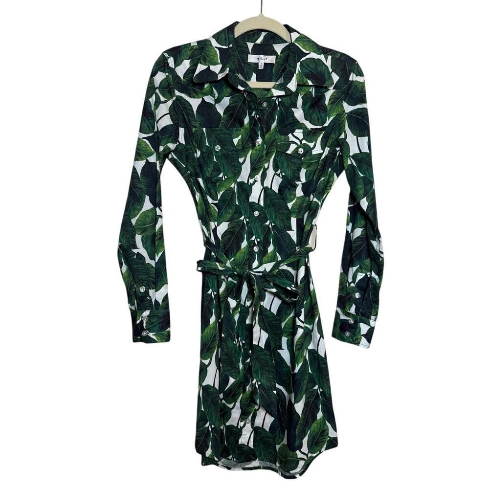 MILLY Banana Leaf West Long Sleeve Mini Shirt Dress Women’s Size 4 - Picture 4 of 8